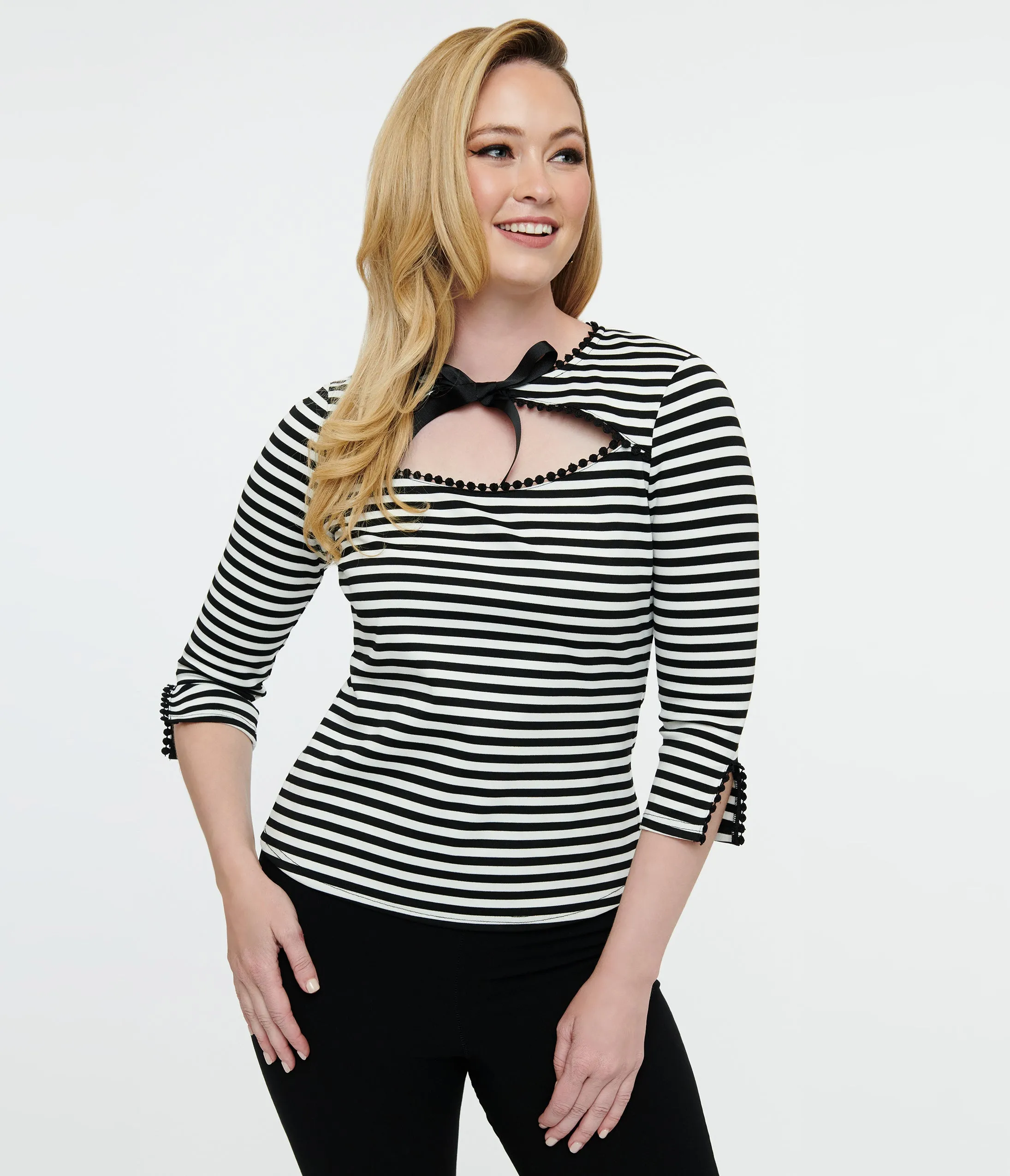 Unique Vintage 1950s Black & White Stripe Cutout Neck Tie Top sold by Unique Vintage product image thumbnail 3