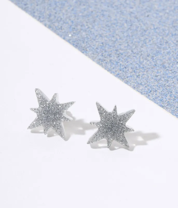 Silver Glitter Atomic Star Stud Earrings sold by Unique Vintage