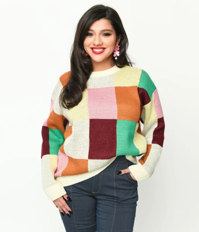 Cream & Multicolor Color Block Checker Sweater sold by Unique Vintage
