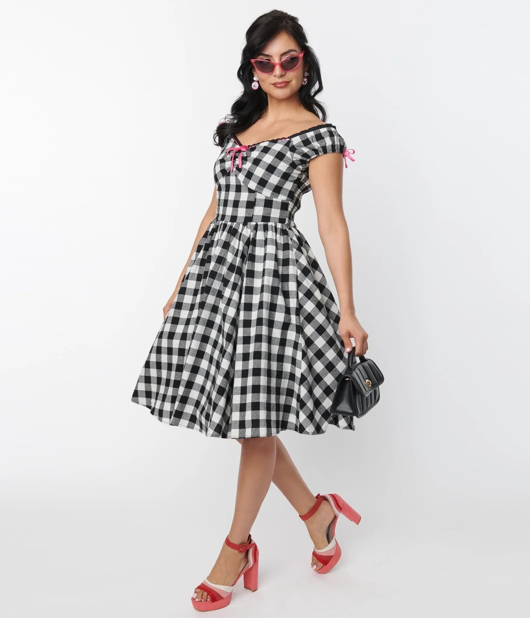 Unique Vintage Black Gingham Cap Sleeve Swing Dress sold by Unique Vintage