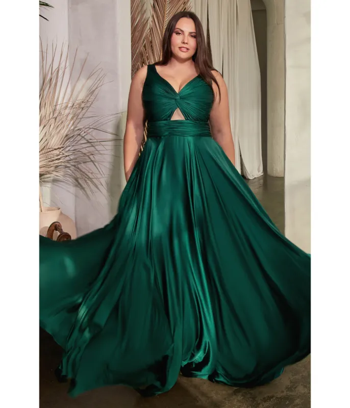 Cinderella Divine  Plus Size Hunter Green Satin Ruched Knotted Keyhole Evening Gown sold by Unique Vintage