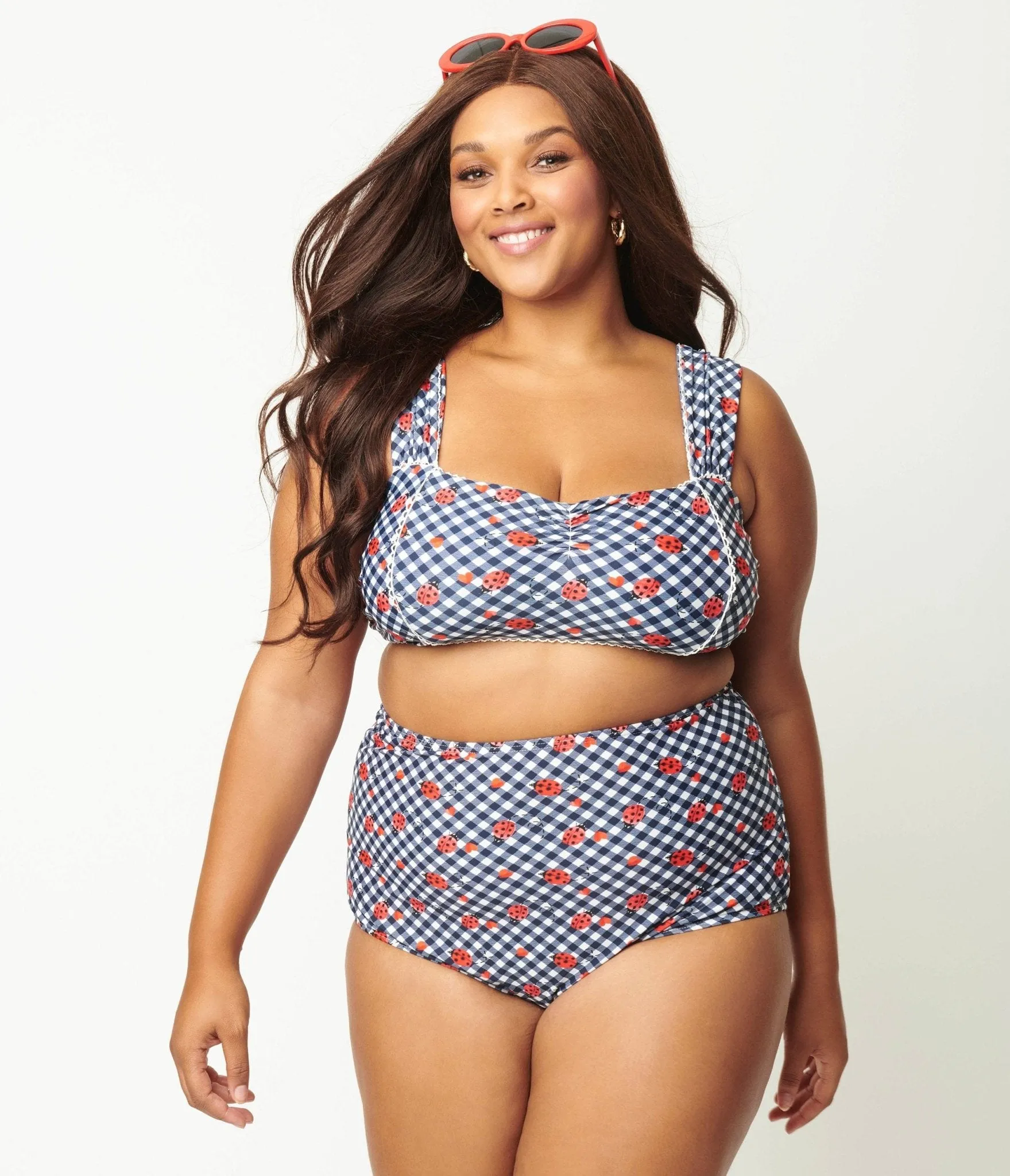 Unique Vintage Plus Size Navy Gingham & Ladybug Print High Waist Louise Swim Bottom sold by Unique Vintage product image thumbnail 5