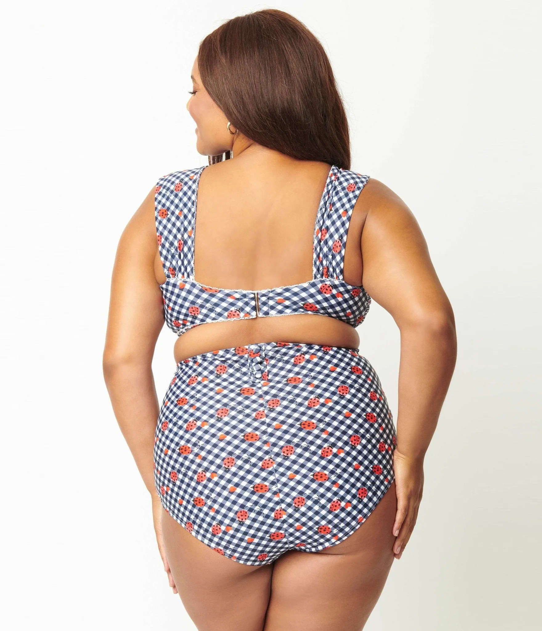 Unique Vintage Plus Size Navy Gingham & Ladybug Print High Waist Louise Swim Bottom sold by Unique Vintage product image thumbnail 3