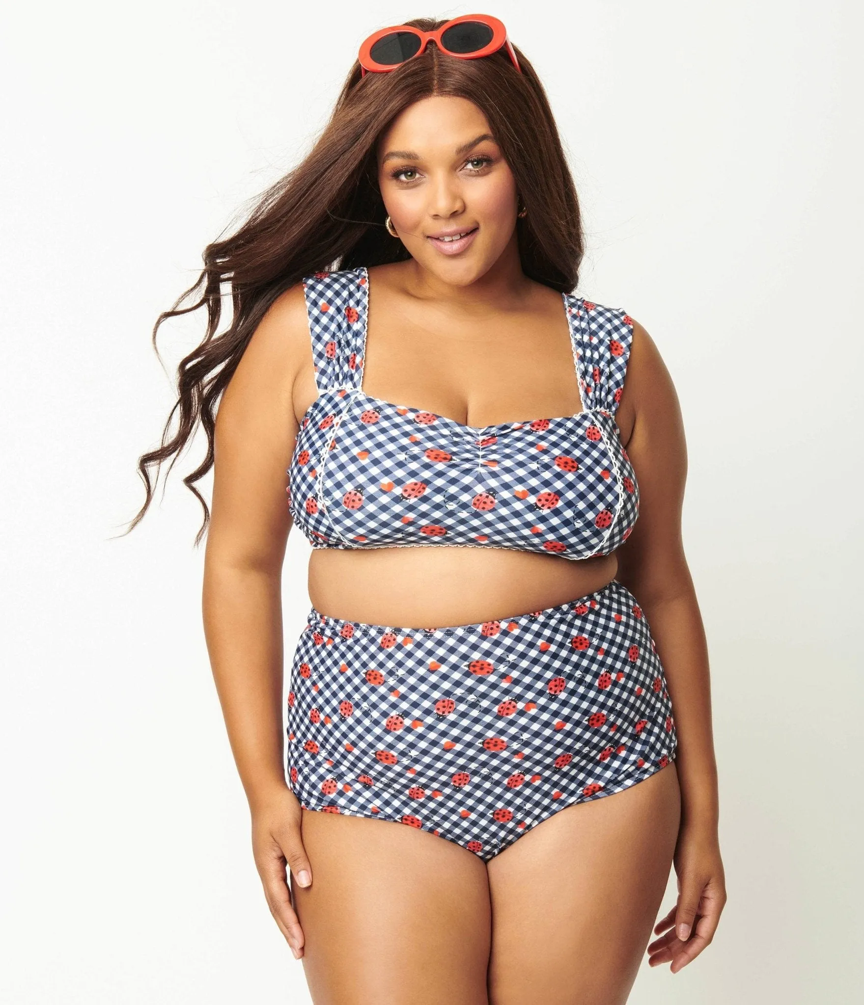 Unique Vintage Plus Size Navy Gingham & Ladybug Print High Waist Louise Swim Bottom sold by Unique Vintage