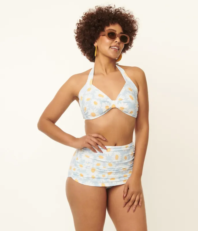 Esther Williams 1950s Light Blue & White Daisy Print Bikini Set sold by Unique Vintage