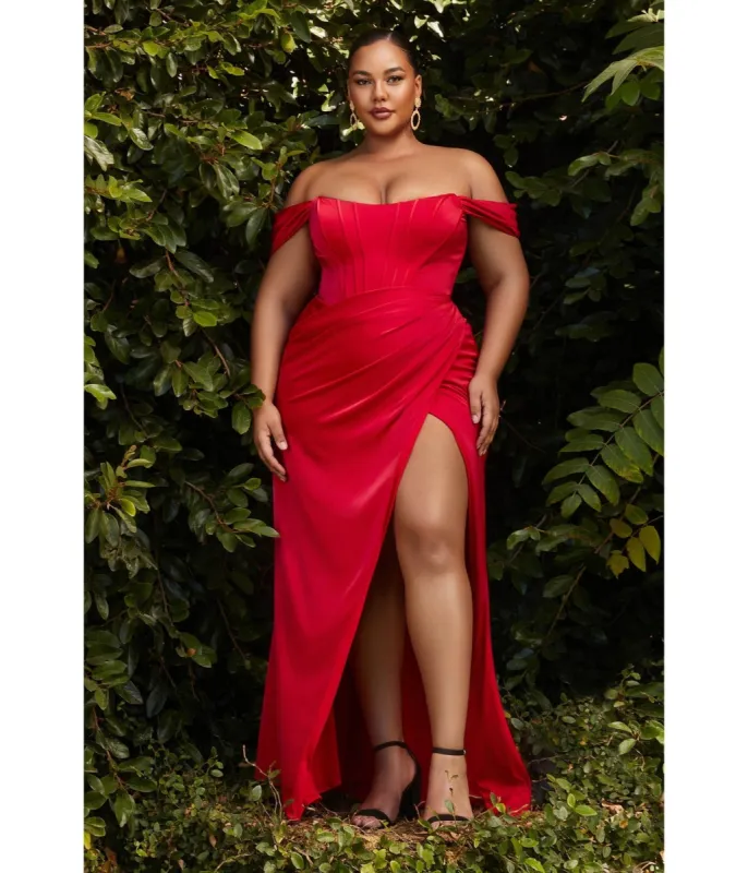 Ladivine by Cinderella Divine Plus Size Red Divine Satin Corset Off-Shoulder Prom Dress sold by Unique Vintage