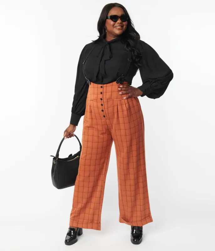 Unique Vintage Plus Size 1930s Orange Windowpane Thelma Suspender Pants sold by Unique Vintage