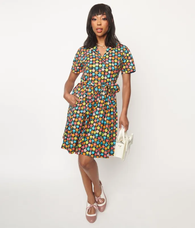 Black & Multicolor Floral Fit & Flare Dress sold by Unique Vintage