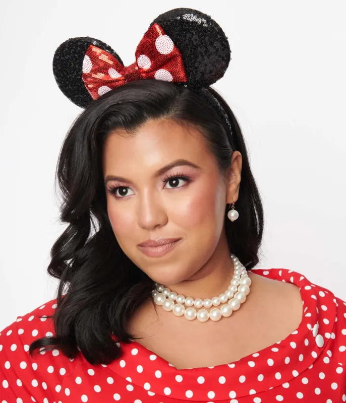 Black & Red Polka Bot Sequin Mouse Headband sold by Unique Vintage