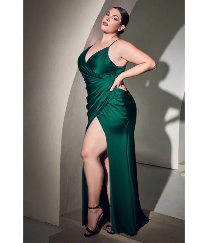 Ladivine by Cinderella Divine Plus Size Emerald Ruched Satin Mystique Bridesmaid Gown sold by Unique Vintage