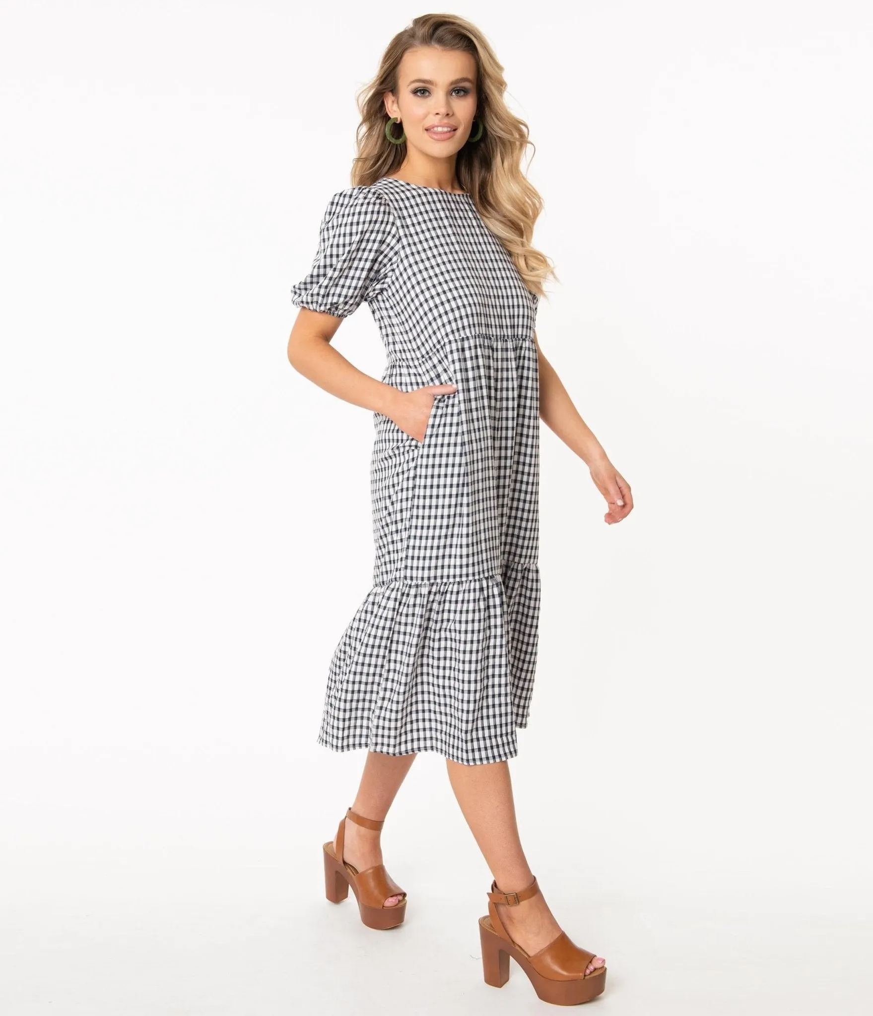 Retro Style Navy & White Gingham Modest Midi Dress sold by Unique Vintage