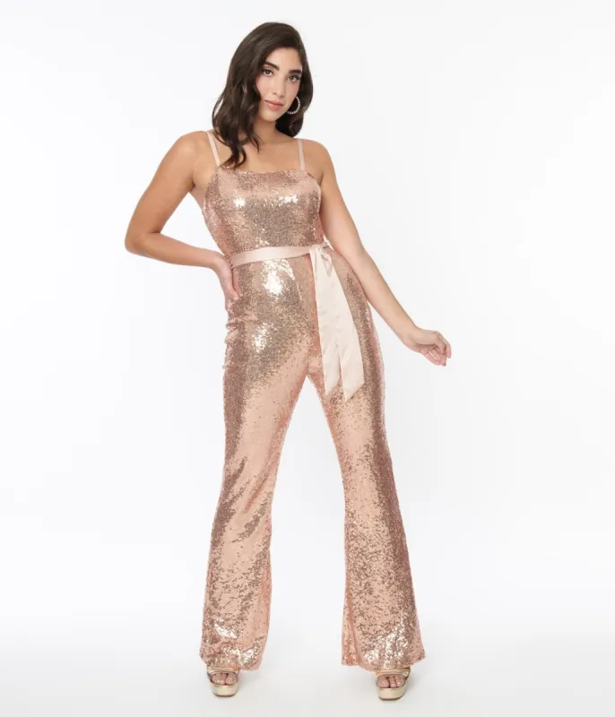 Unique Vintage Rose Gold Sequin Flare Jumpsuit sold by Unique Vintage