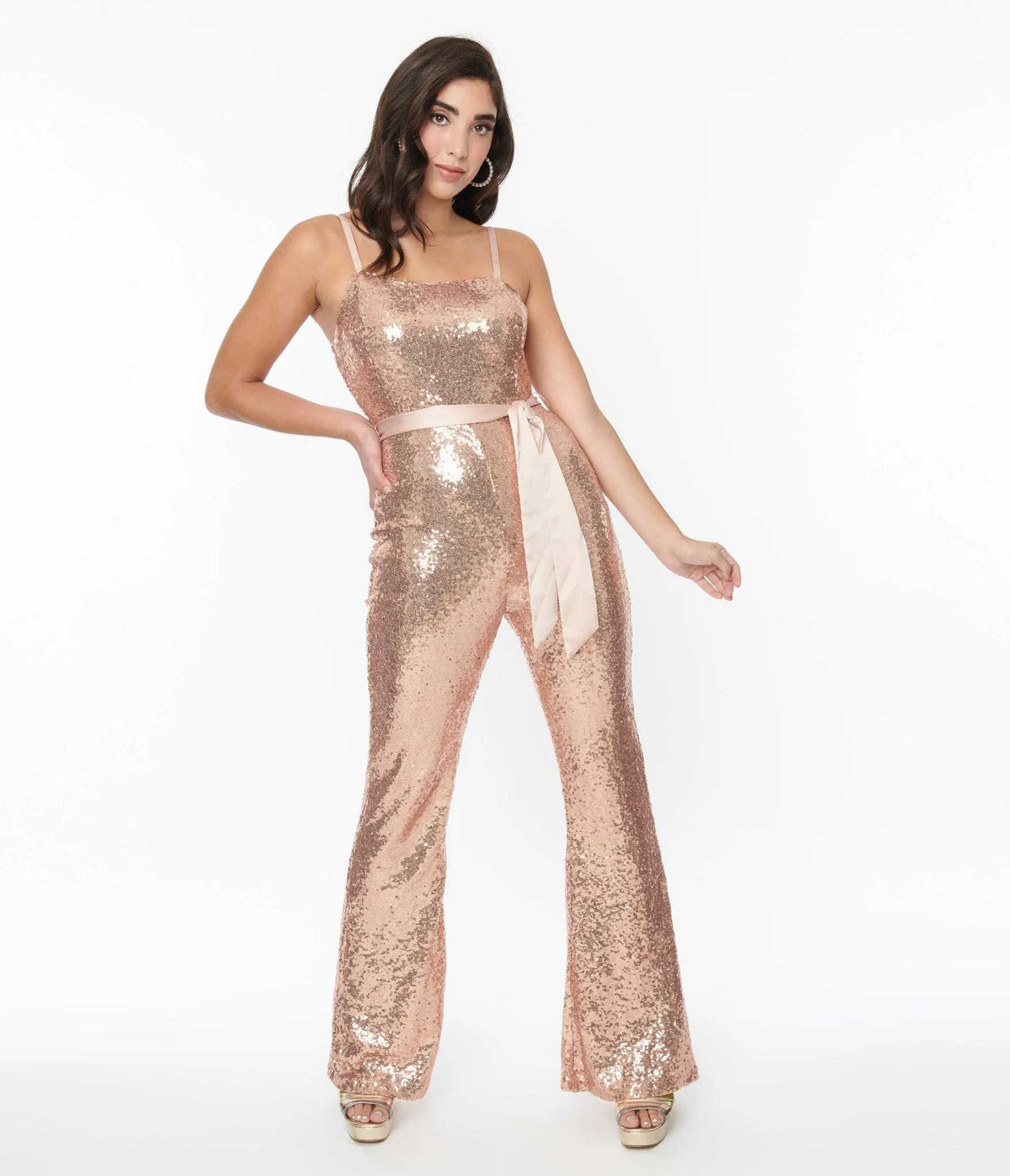 Unique Vintage Rose Gold Sequin Flare Jumpsuit sold by Unique Vintage