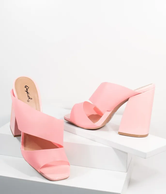 Frosted Pink Vinyl Peep Toe Mule Heels sold by Unique Vintage