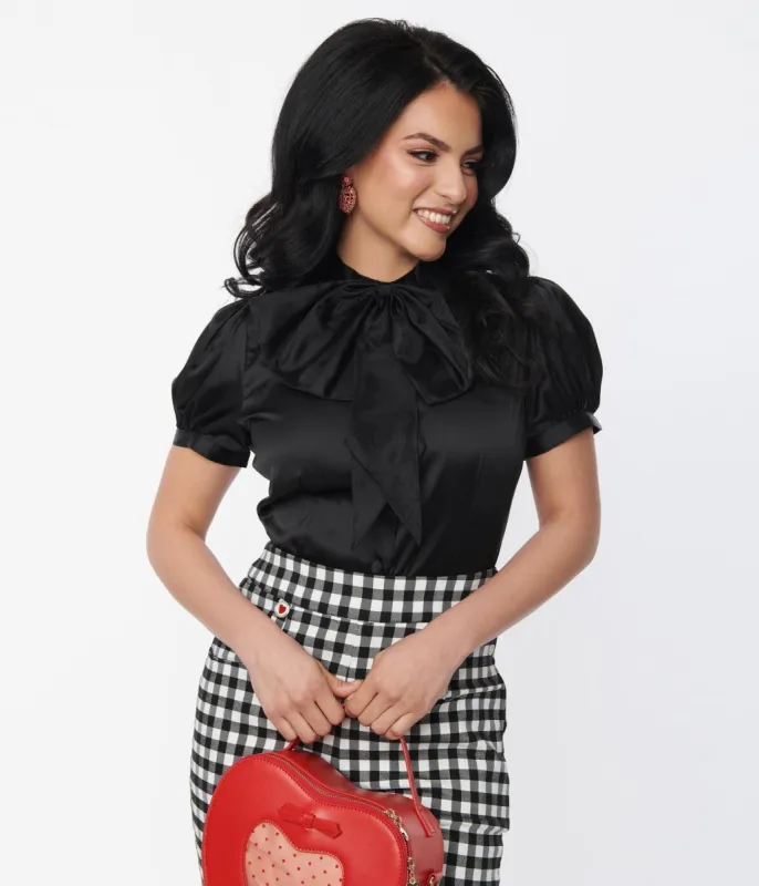 Voodoo Vixen Black Bold Bow Satin Blouse sold by Unique Vintage