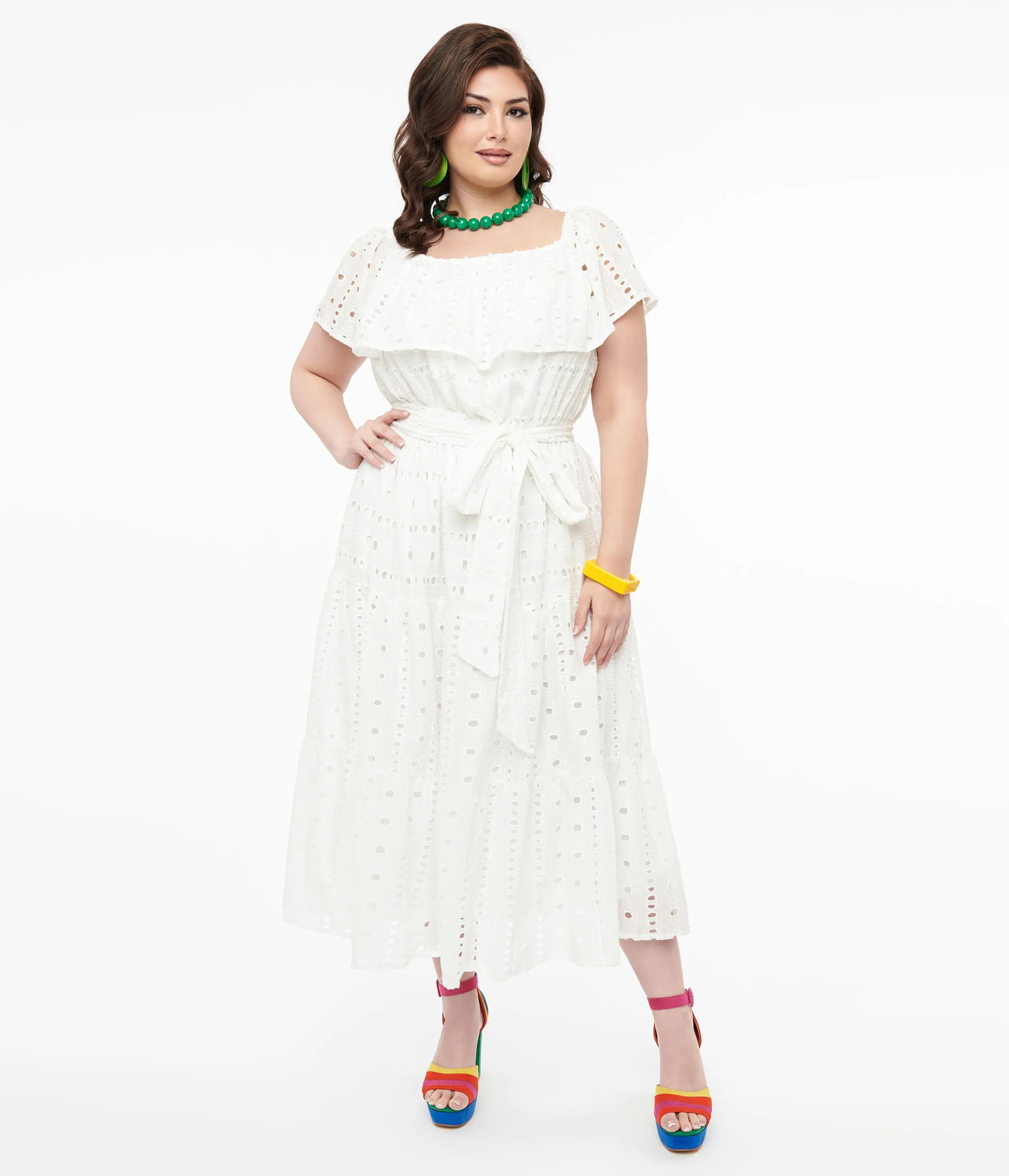 1970s White Eyelet Cotton Off The Shoulder Midi Dress sold by Unique Vintage product image thumbnail 3