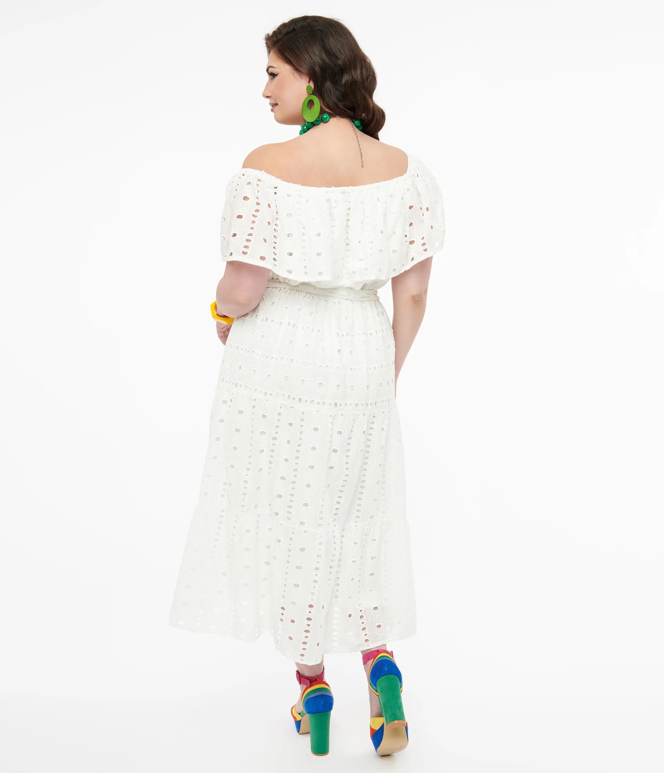 1970s White Eyelet Cotton Off The Shoulder Midi Dress sold by Unique Vintage product image thumbnail 2