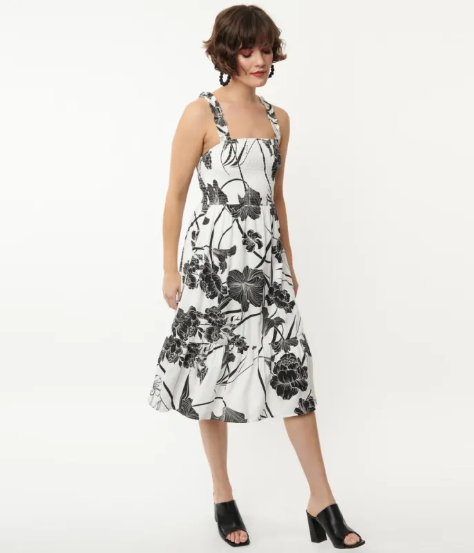 White & Black Tropical Floral Print Midi Dress sold by Unique Vintage