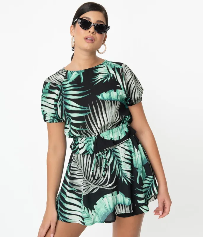 Retro Style Green & Black Palm Print Crop Blouse sold by Unique Vintage