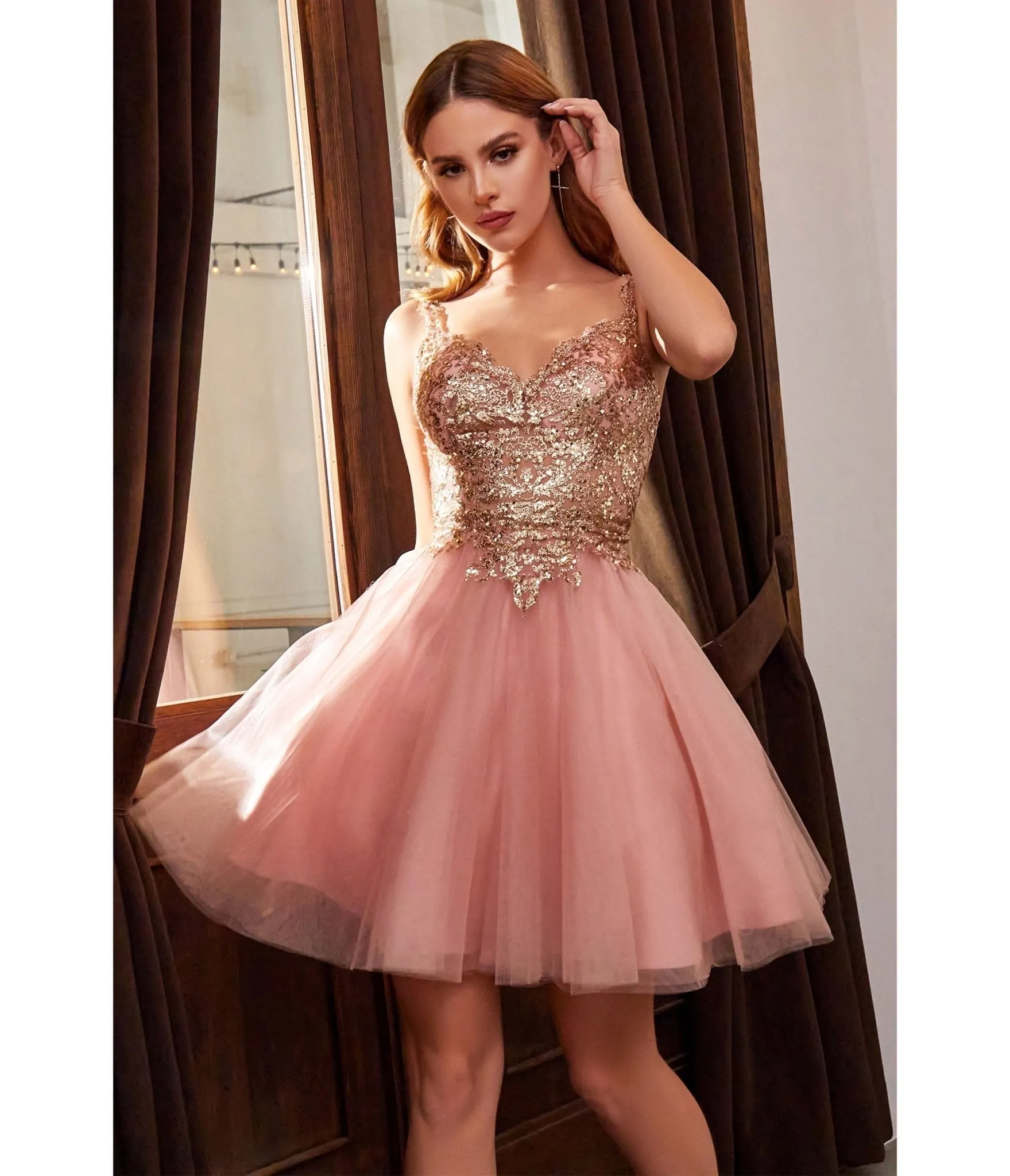Ladivine by Cinderella Divine Rose Gold Embellished Tulle Mini Homecoming Dress sold by Unique Vintage product image thumbnail 2