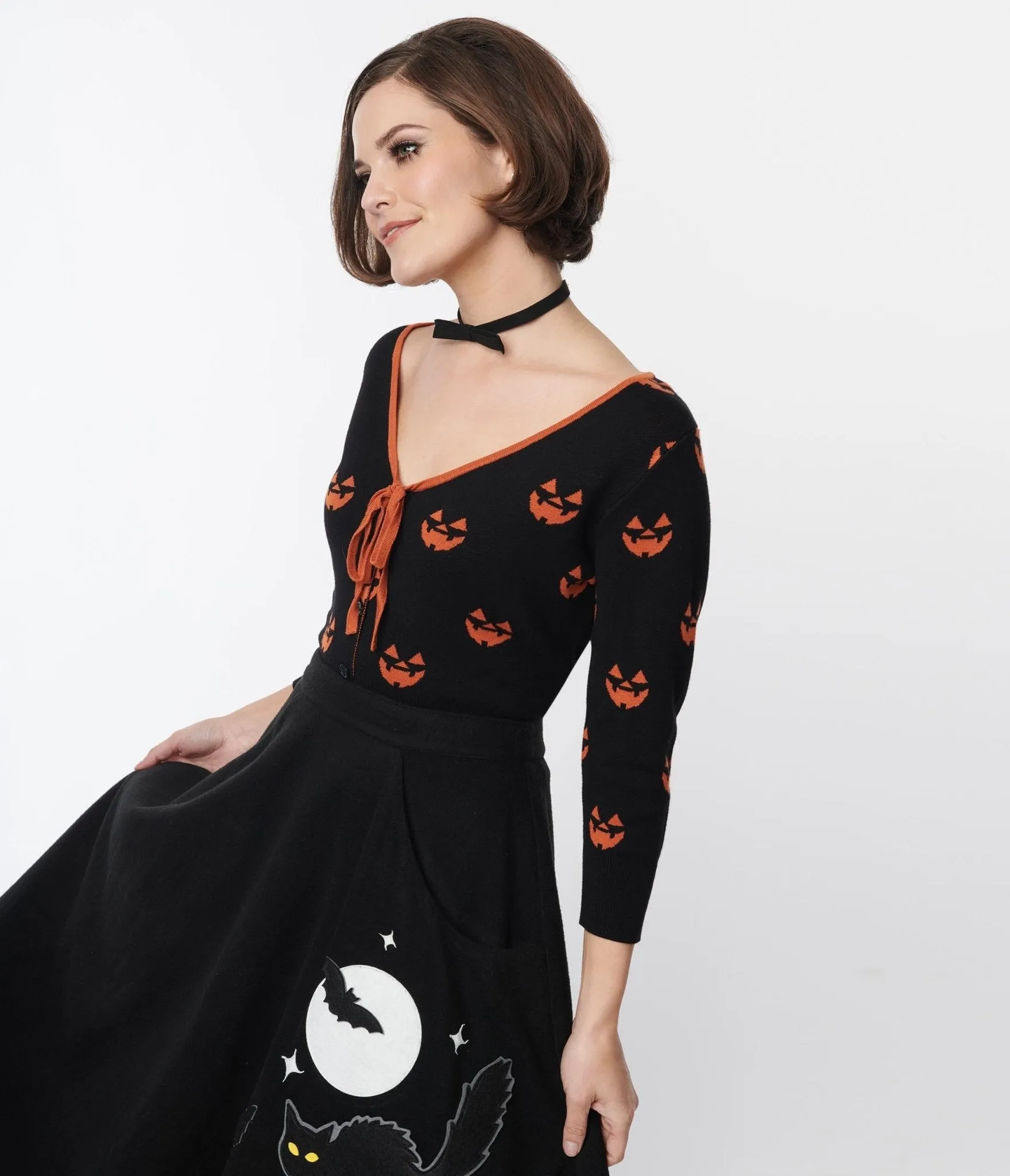 Unique Vintage Black & Orange Pumpkin Crop Cardigan sold by Unique Vintage product image thumbnail 5