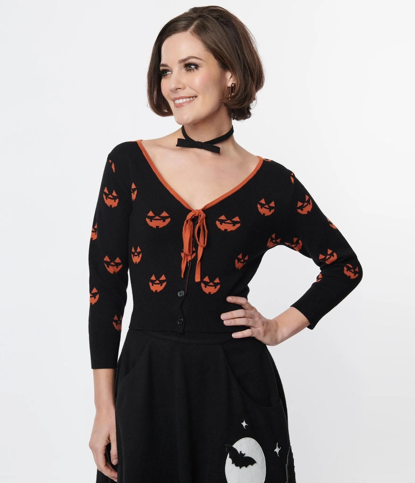 Unique Vintage Black & Orange Pumpkin Crop Cardigan sold by Unique Vintage