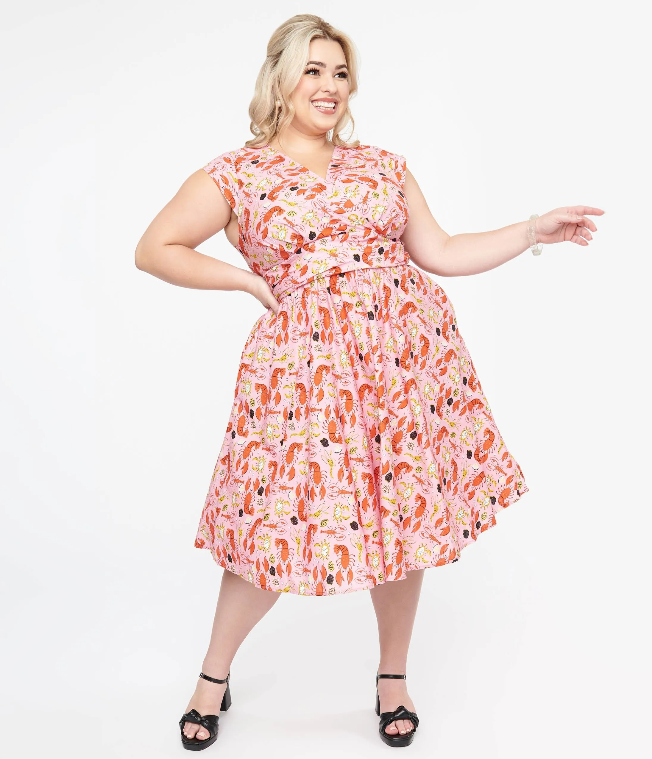 Retrolicious Plus Size 1950s Pink & Red Lobster Print Cotton Greta Swing Dress sold by Unique Vintage