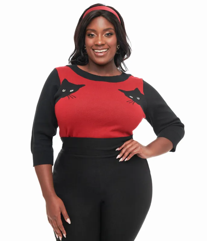 Unique Vintage Plus Size 1950s Burgundy & Black Cat Sleeve Minou Sweater sold by Unique Vintage