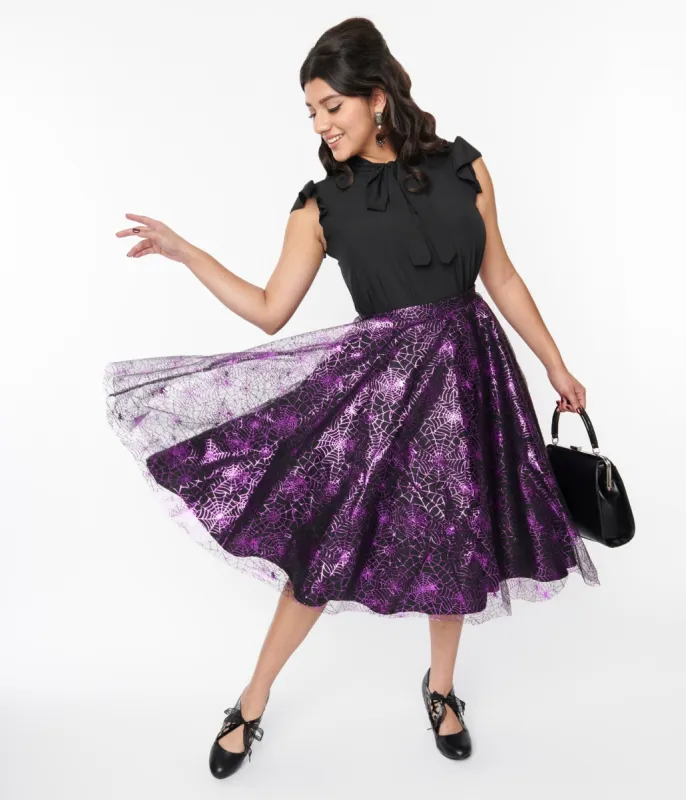 Magnolia Place Black & Purple Spiderweb Sally Swing Skirt sold by Unique Vintage