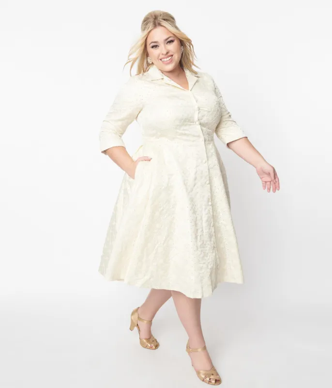Unique Vintage Plus Size Ivory & Gold Brocade Swing Dress sold by Unique Vintage