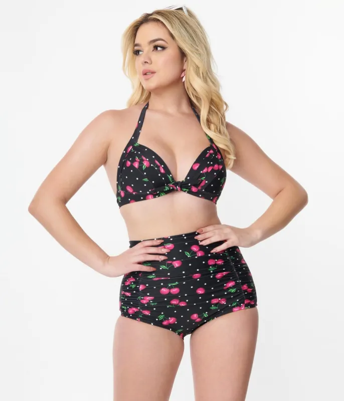 Unique Vintage 1950s Black & Hot Pink Cherry Pin Dot Monroe Swim Bottom sold by Unique Vintage