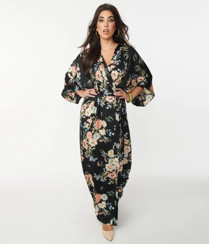 1970s Black & Blue Floral Maxi Wrap Dress sold by Unique Vintage