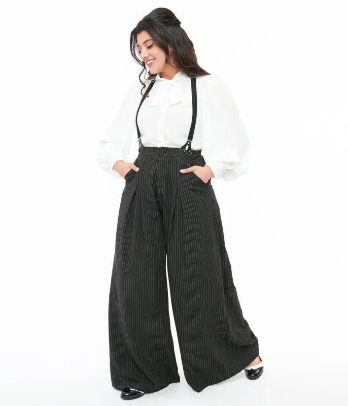 Voodoo Vixen Black & White Pinstripe Suspender Trousers sold by Unique Vintage