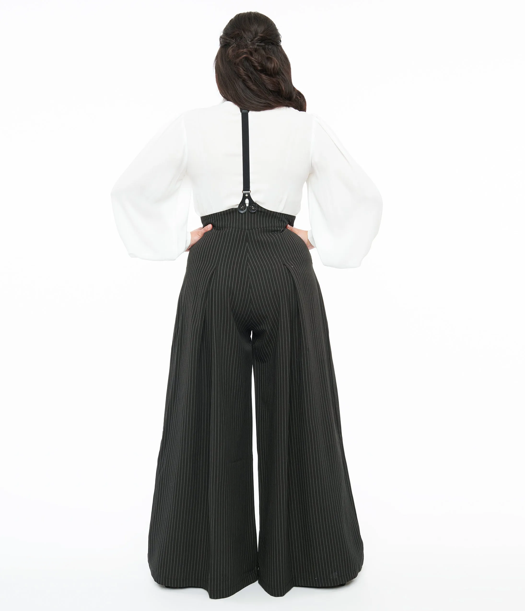Voodoo Vixen Black & White Pinstripe Suspender Trousers sold by Unique Vintage product image thumbnail 2