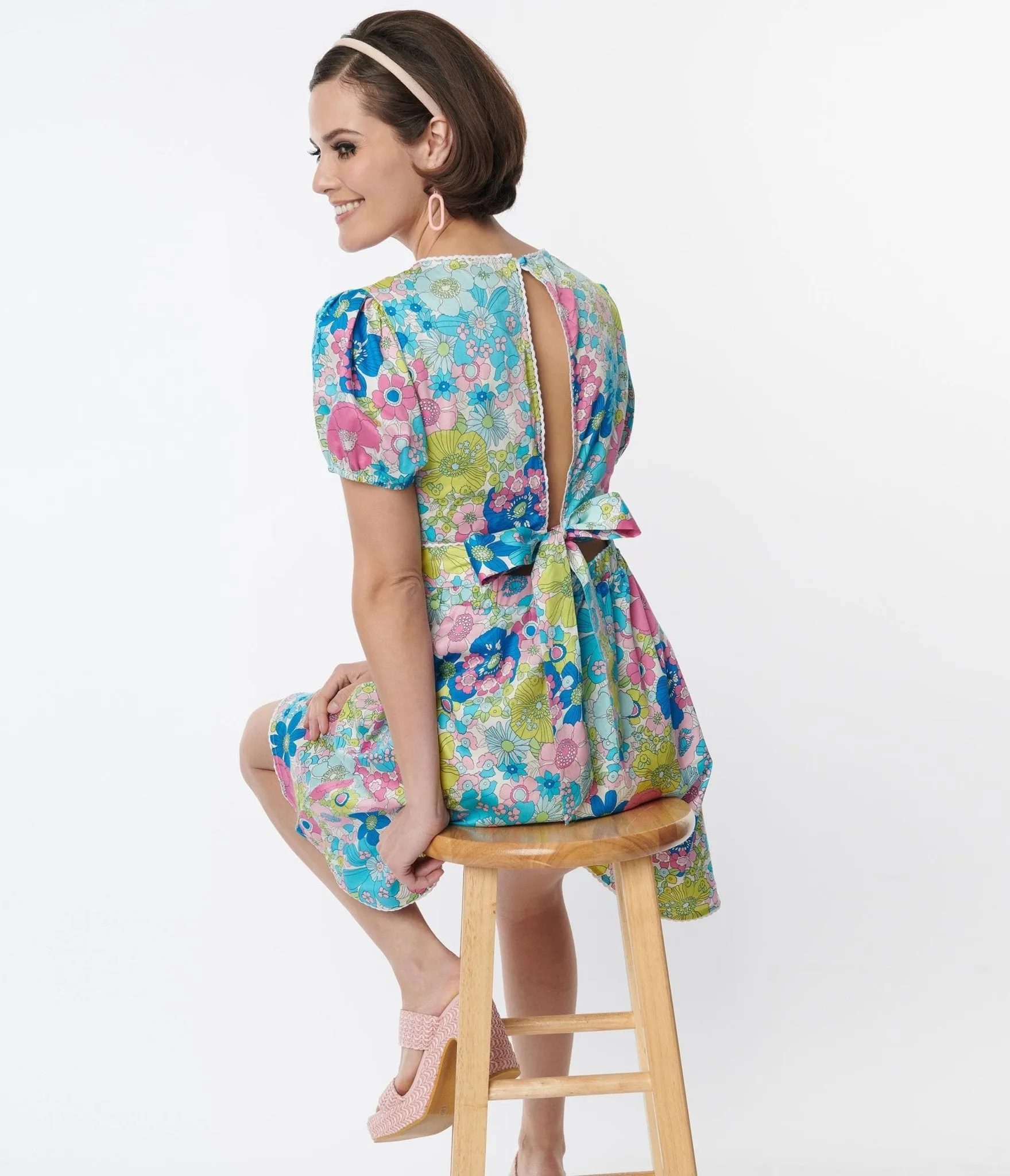 Smak Parlour Blue & Pink Floral Open Back Flare Dress sold by Unique Vintage product image thumbnail 4