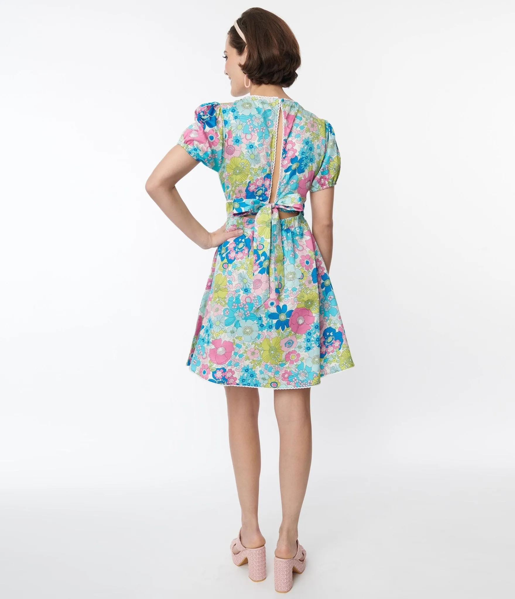 Smak Parlour Blue & Pink Floral Open Back Flare Dress sold by Unique Vintage product image thumbnail 3