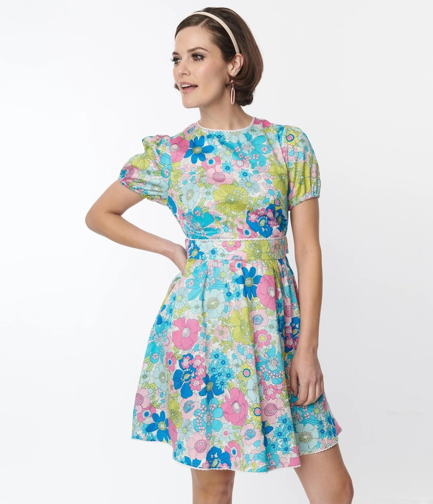 Smak Parlour Blue & Pink Floral Open Back Flare Dress sold by Unique Vintage product image thumbnail 5