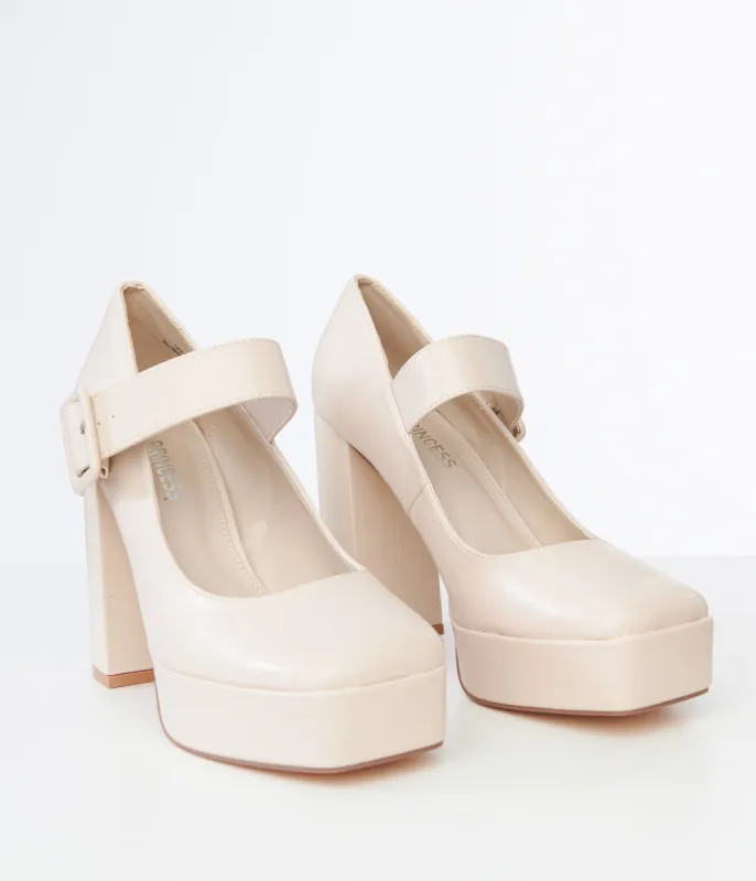 1970s Nude Leatherette Platform Mary Janes sold by Unique Vintage