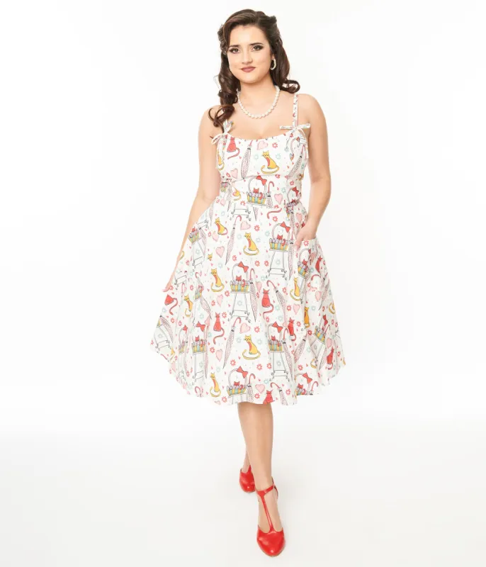 Unique Vintage 1950s Red & Yellow Cat Print Cotton Bobbie Swing Dress sold by Unique Vintage