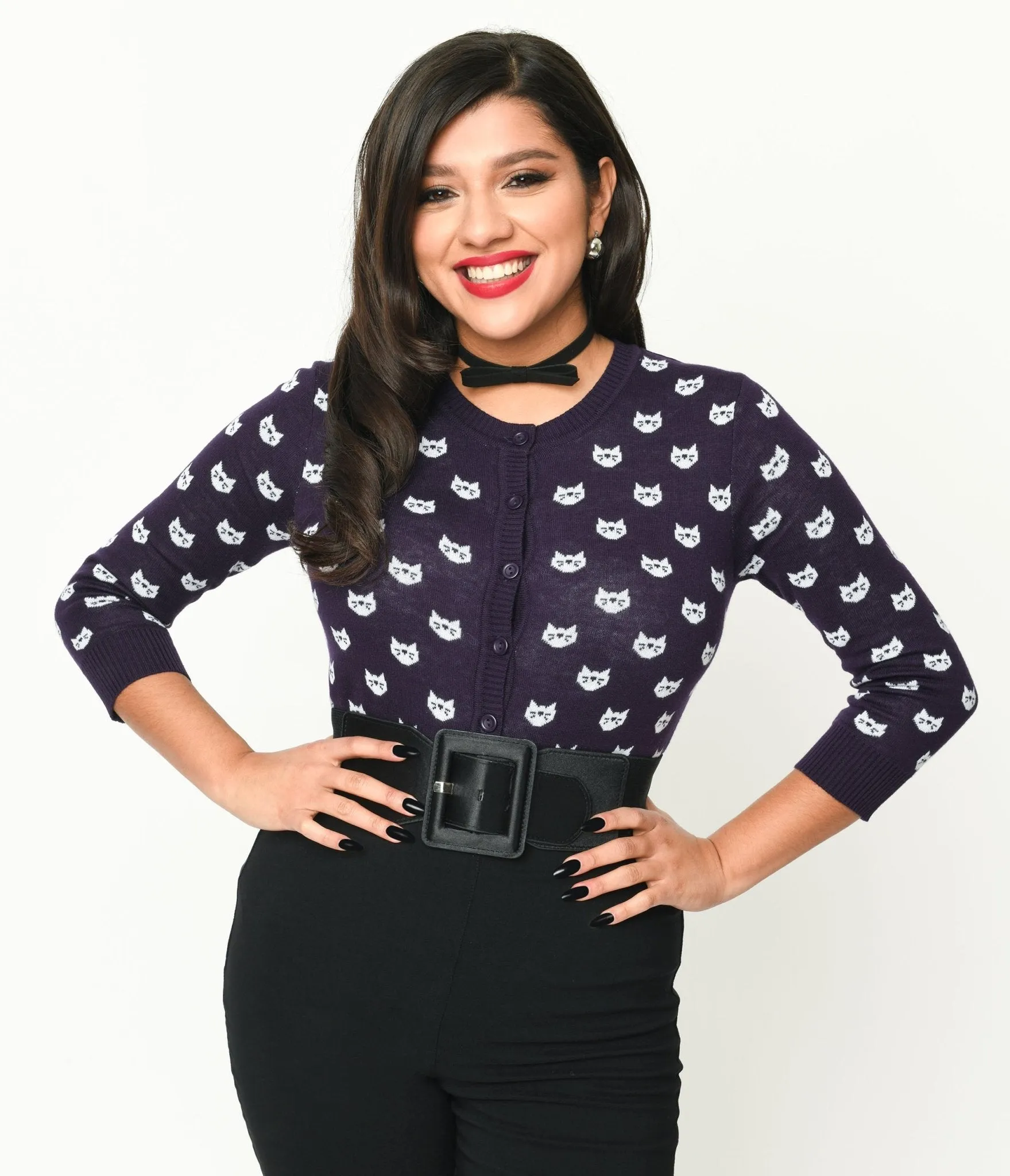 Deep Purple & White Cat Cardigan sold by Unique Vintage