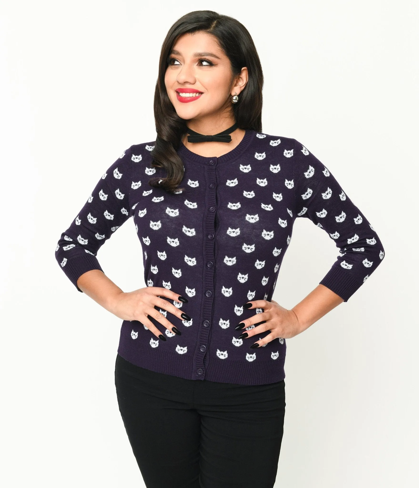 Deep Purple & White Cat Cardigan sold by Unique Vintage product image thumbnail 2