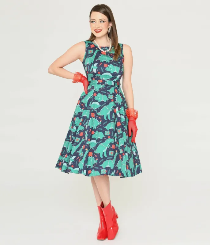 Navy & Dino Christmas Print Swing Dress sold by Unique Vintage
