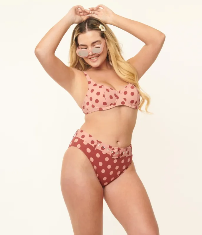 Kingdom & State Burgundy & Dusty Pink Polka Dot Swim Bottoms made by Unique Vintage