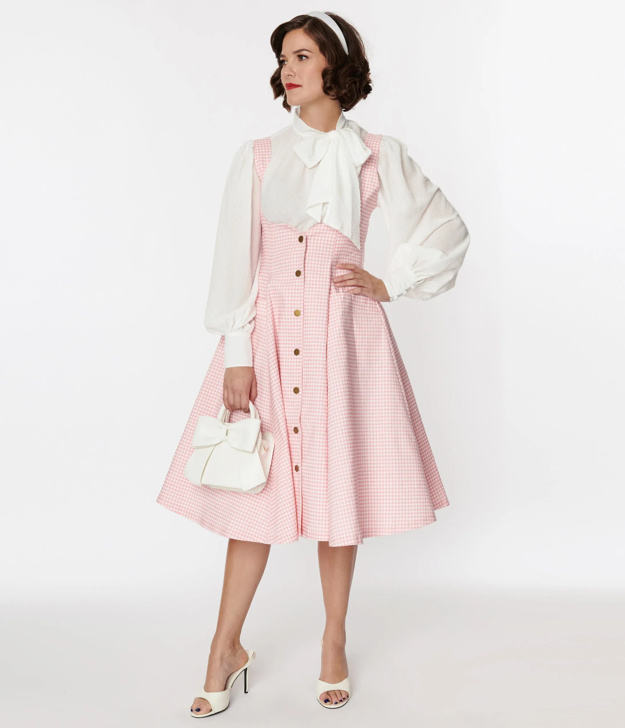 Unique Vintage 1940s White Clip Dot Long Sleeve Bow Blouse sold by Unique Vintage