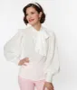 Unique Vintage 1940s White Clip Dot Long Sleeve Bow Blouse sold by Unique Vintage