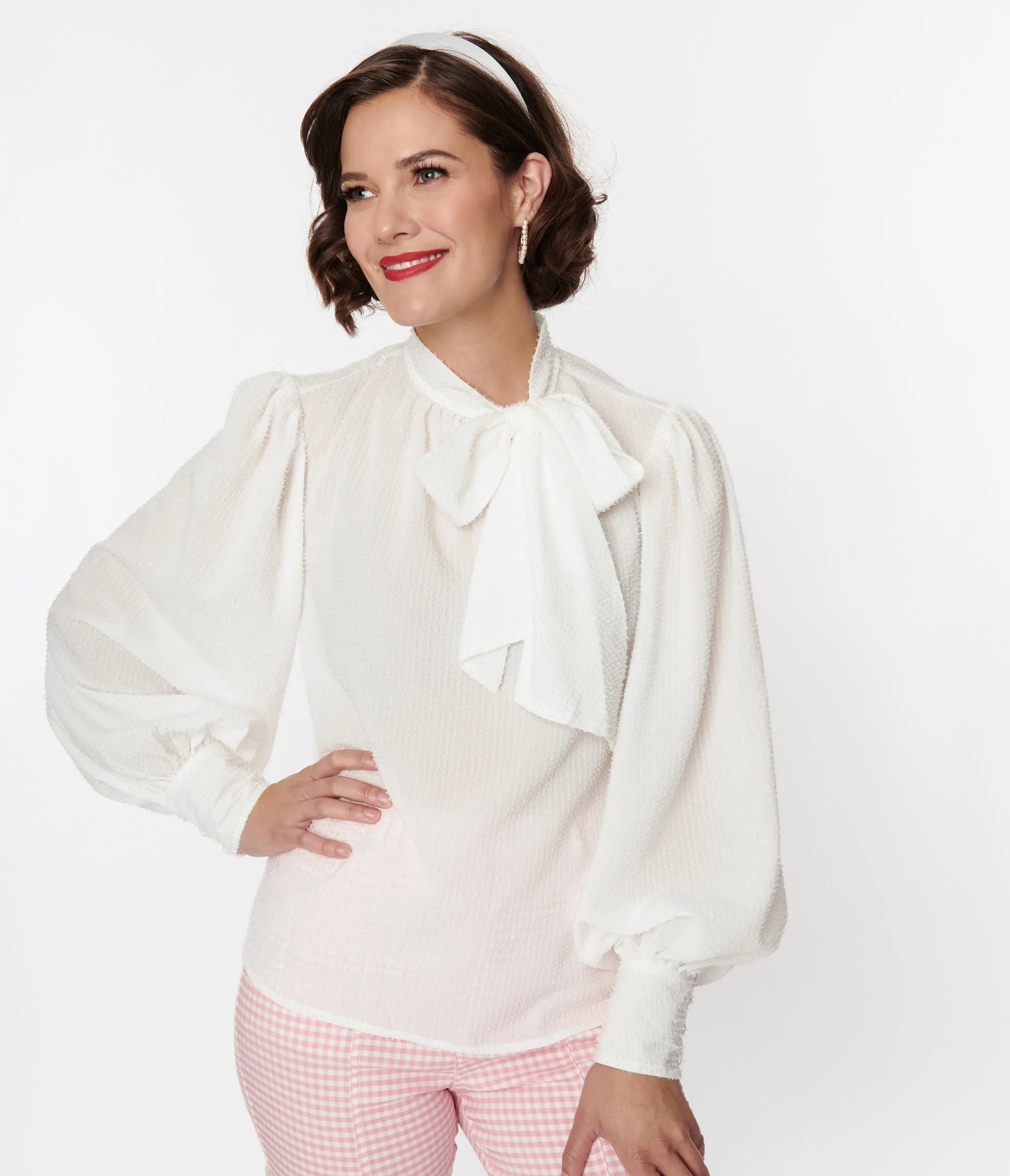 Unique Vintage 1940s White Clip Dot Long Sleeve Bow Blouse sold by Unique Vintage product image thumbnail 2