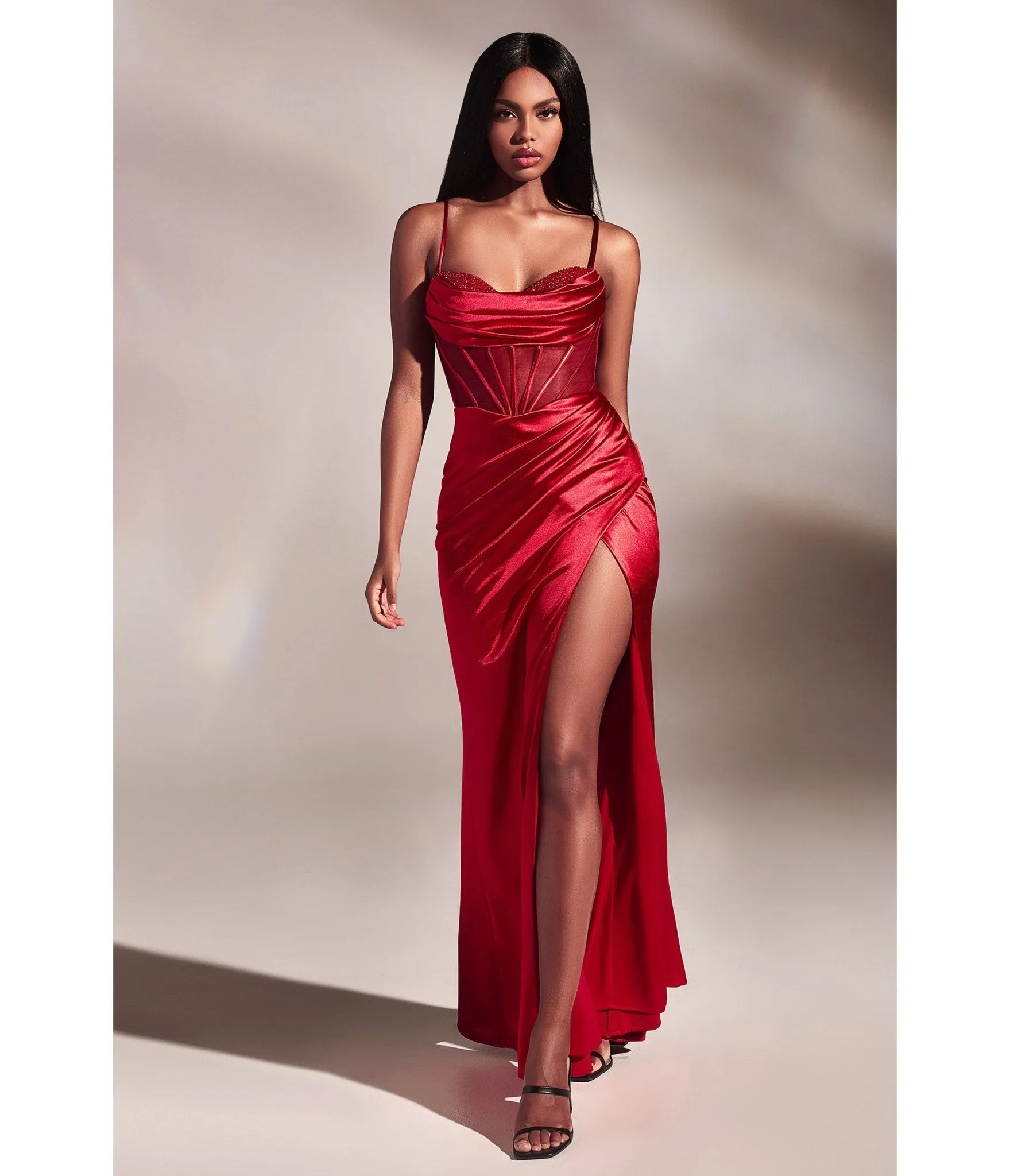 Cinderella Divine Red Satin Beaded Draped Corset Prom Dress sold by Unique Vintage