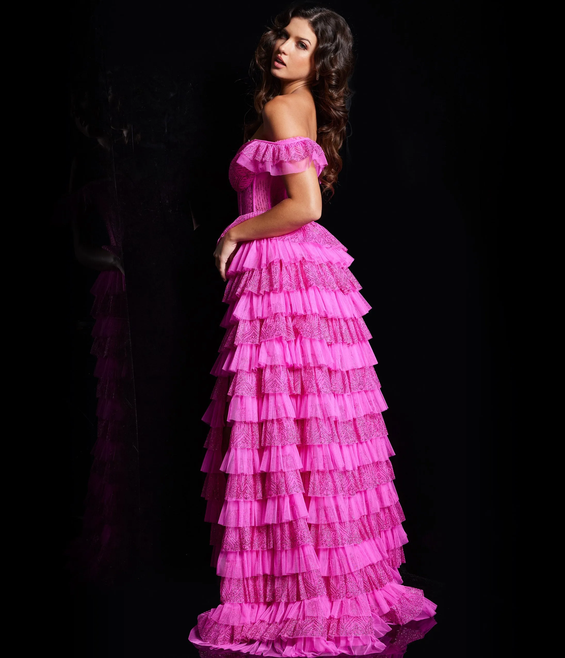 Jovani Hot Pink Glitter Off The Shoulder Ruffle Tiered Ballgown sold by Unique Vintage product image thumbnail 2