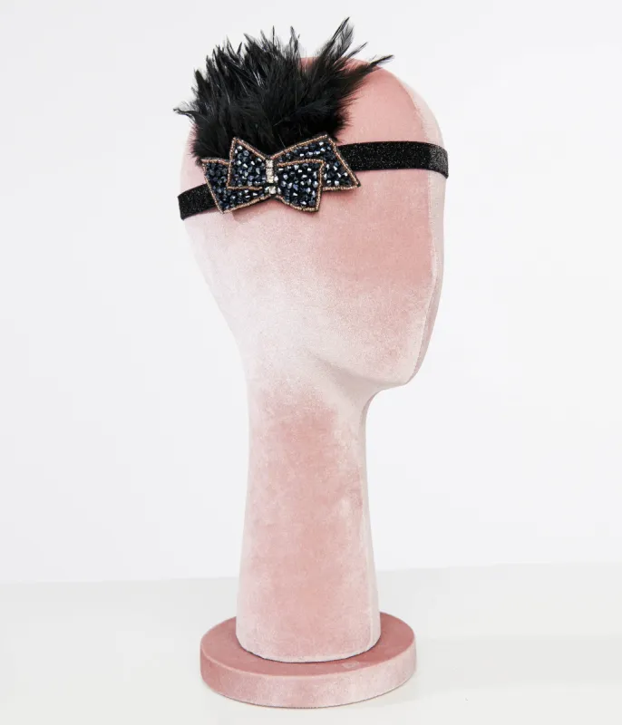 1920s Black Beaded Feather Flapper Headband sold by Unique Vintage