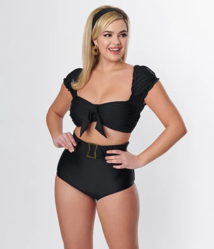 Unique Vintage Black High Waist Belted Swim Bottom sold by Unique Vintage